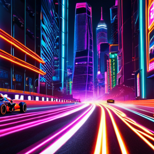 **Neon Speed:** A high-speed race through a vibrant, neon-lit cityscape with F1-style cars dodging bullets.