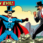 **

A retro comic book style illustration. Supertron, a classic hero, powerfully punching a comically exaggerated villain with a giant money bag labeled "STOLEN!". The villain has a ridiculously large mustache and a top hat. Background features a brightly colored cityscape. The scene emphasizes a clear "good vs. evil" dynamic.

**
