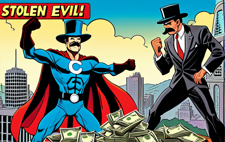 **
A retro comic book style illustration. Supertron, a classic hero, powerfully punching a comically exaggerated villain with a giant money bag labeled "STOLEN!". The villain has a ridiculously large mustache and a top hat. Background features a brightly colored cityscape. The scene emphasizes a clear "good vs. evil" dynamic.
**